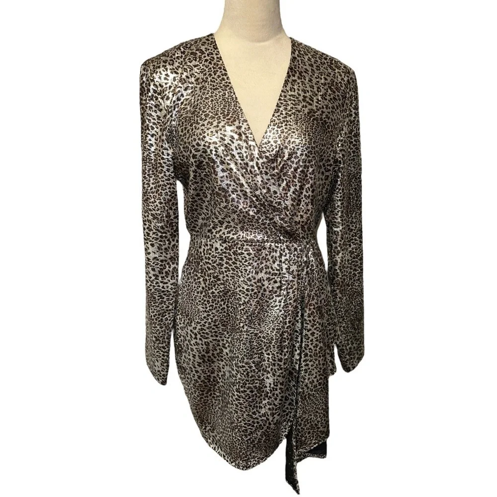 Nwt Ronny Kobo Jerry Leopard Print Cocktail Mini Dress Metallic Silver M - Picture 17 of 17